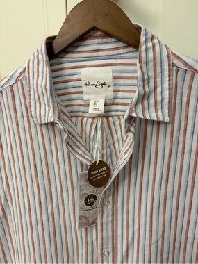 Panama Jack Men's Linen-Blend Button-Up Shirt — White with Red & Blue Stripes